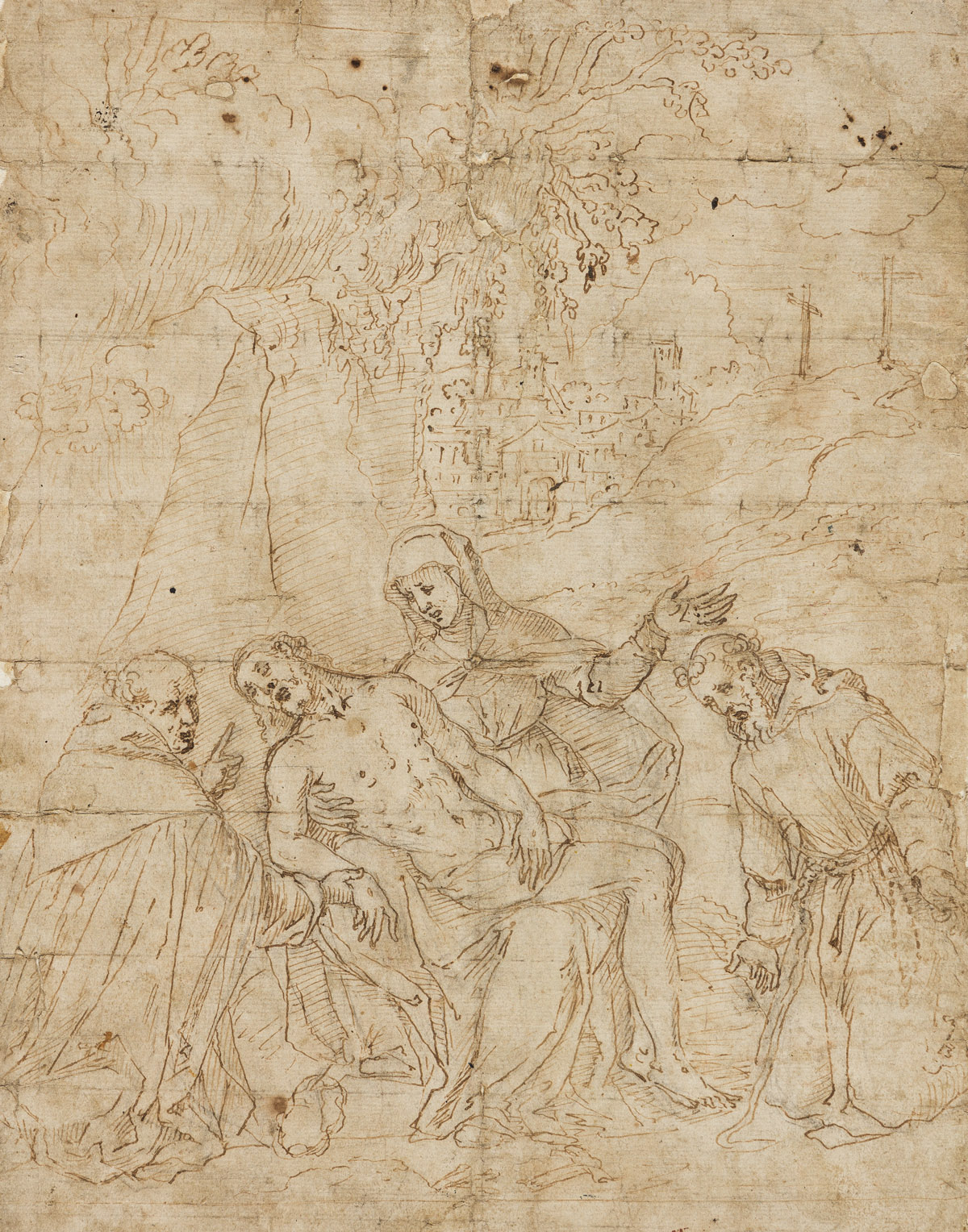 BARTOLOMEO PASSAROTTI (ATTRIBUTED TO) (Bologna 1529-1592 Rome) Pietà with Two Kneeling Monks in a Landscape.